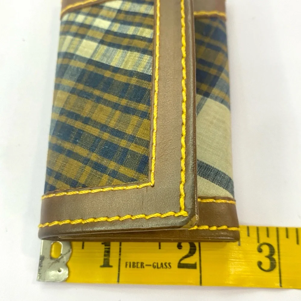 Canterbury Vintage 1980s Navy Plaid Key Holder Brown Leather Yellow Stitch Prepp
